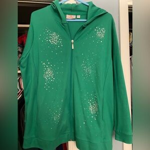Green Zip-Up Hoodie with Rhinestone Design. Quacker Factory. 1x